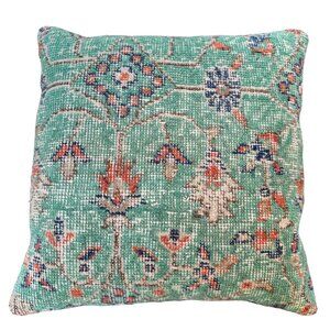 Kilim Covered Square Pillow Sage Green Multicolor Zippered Feathered Insert